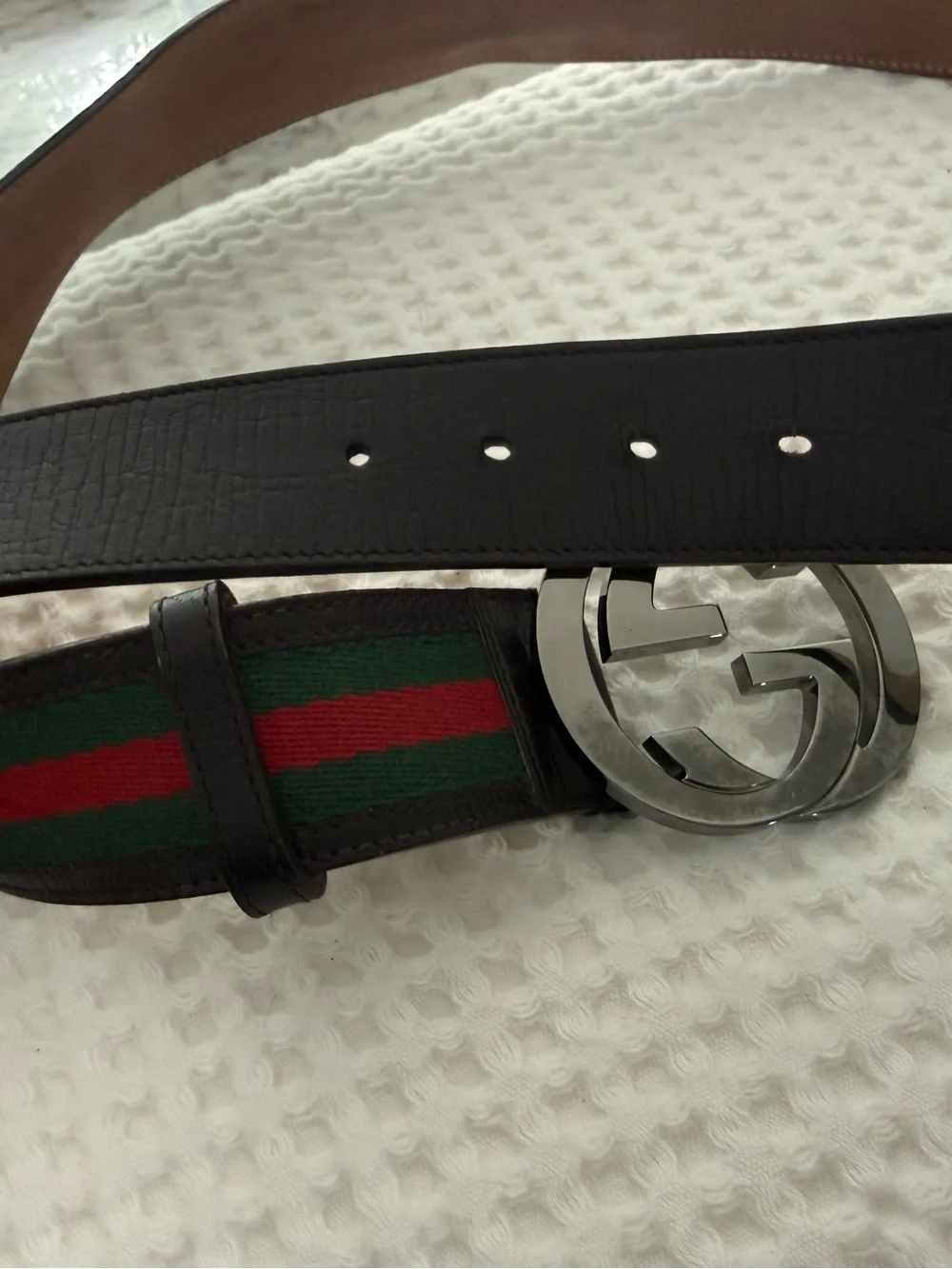 Gucci Green and Red Web Stripe Leather Belt with Silver GG Buckle